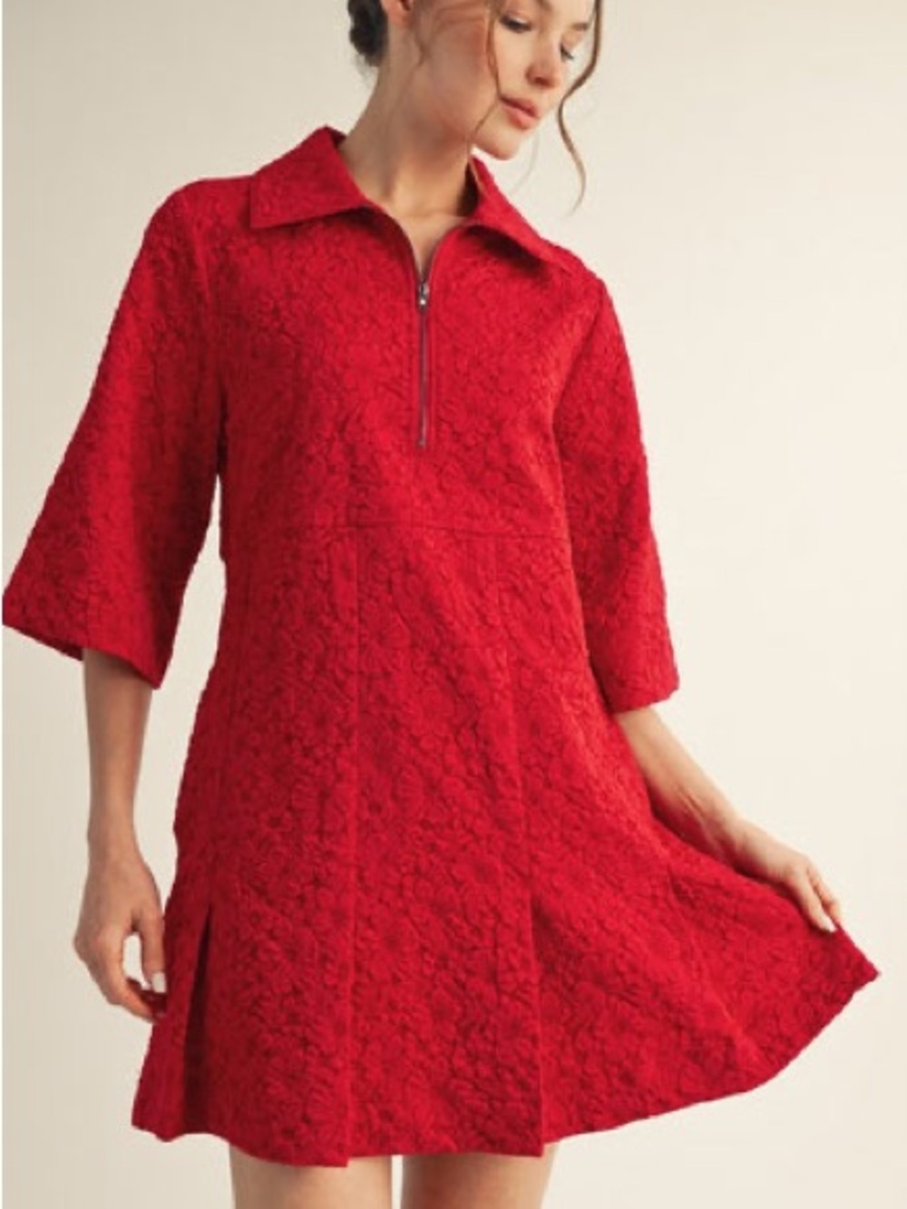 JODIFL  Red Floral Jacquard Half-Zip Mini Dress Size M NWT Western Boho